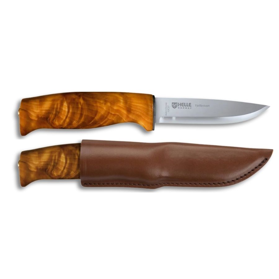 Helle Fjellkniven 12C27 outdoor knife with a polished stainless steel blade and curly birch wood handle, displayed on a white background.