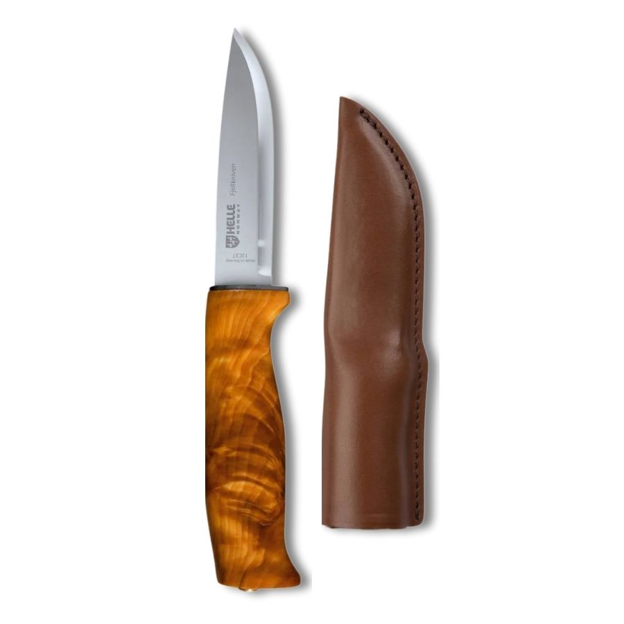 Helle Fjellkniven 12C27 outdoor knife with a polished stainless steel blade and curly birch wood handle, displayed on a white background.