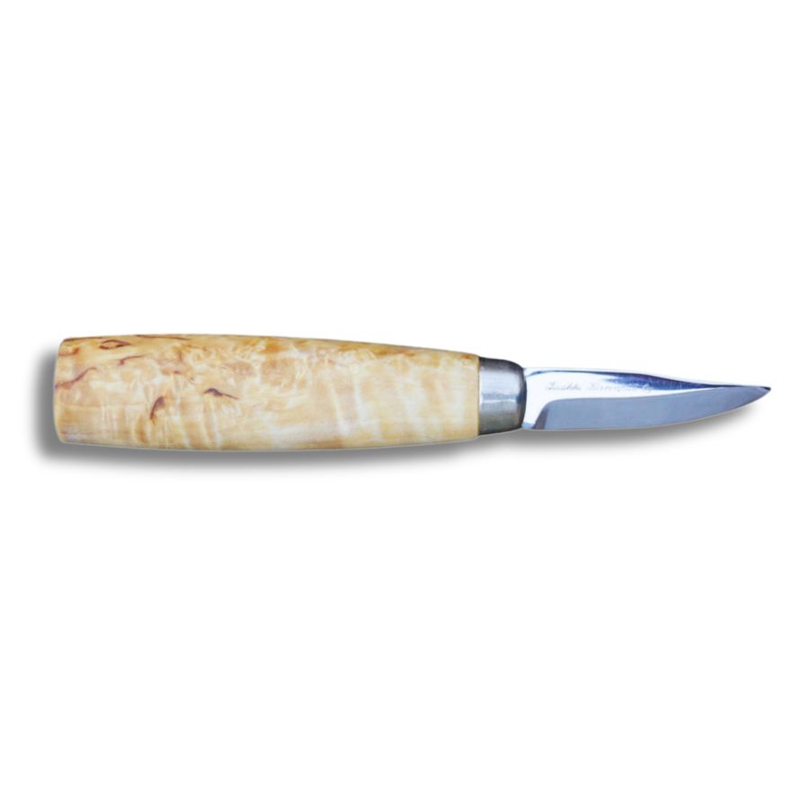 isakki Järvenpää Askare-kniv med kort, stærk stålklinge og ergonomisk formet træskaft i traditionelt finsk design.