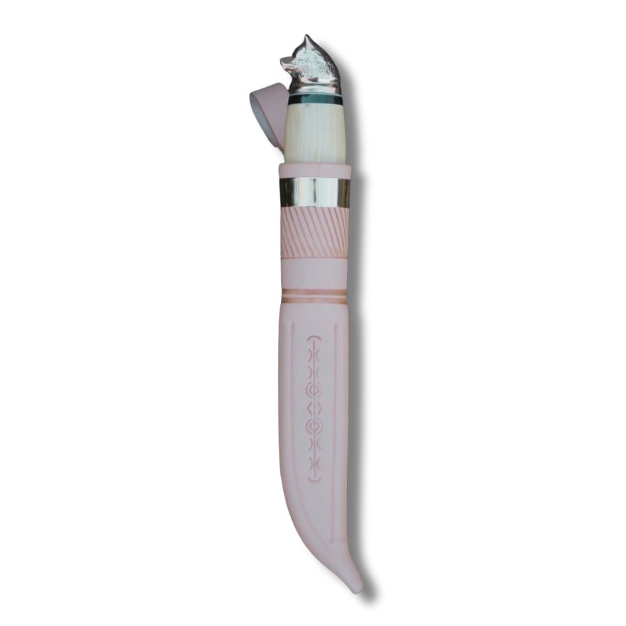 Iisakki Järvenpää Elkhound-kniv med skarp, slank stålklinge og ergonomisk formet træskaft i klassisk finsk jagtdesign.