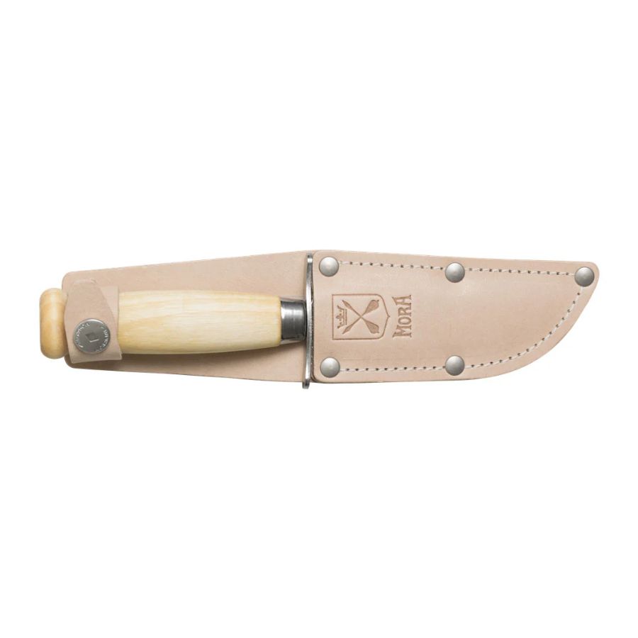 Coltello per bambini Morakniv Scout 39 Safe S in fodero in pelle con manico in legno e punta arrotondata sicura – ideale per scout